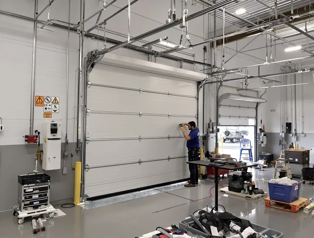 Commercial garage door repair being performed by Mayfield Heights Garage Door Repair expert in Mayfield Heights