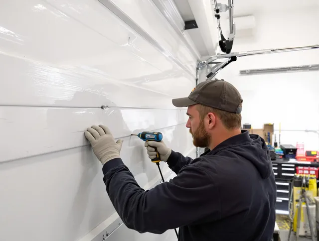 Mayfield Heights Garage Door Repair technician demonstrating precision dent removal techniques on a Mayfield Heights garage door
