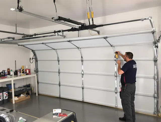 Mayfield Heights Garage Door Repair certified technician performing overhead door system repair in Mayfield Heights