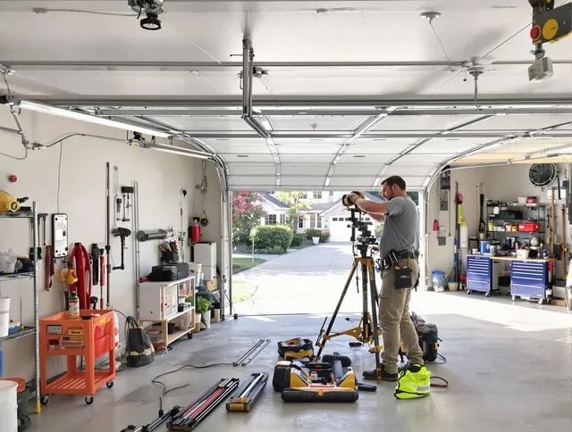 Mayfield Heights Garage Door Repair specialist performing laser-guided track alignment in Mayfield Heights
